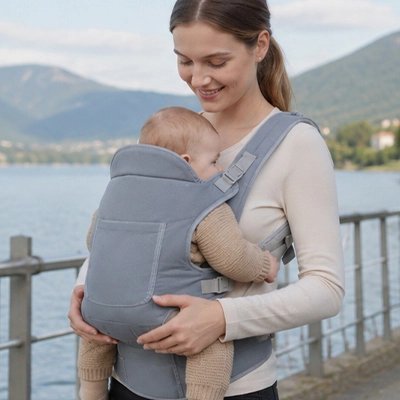 Porte bebe maman au bord du lac